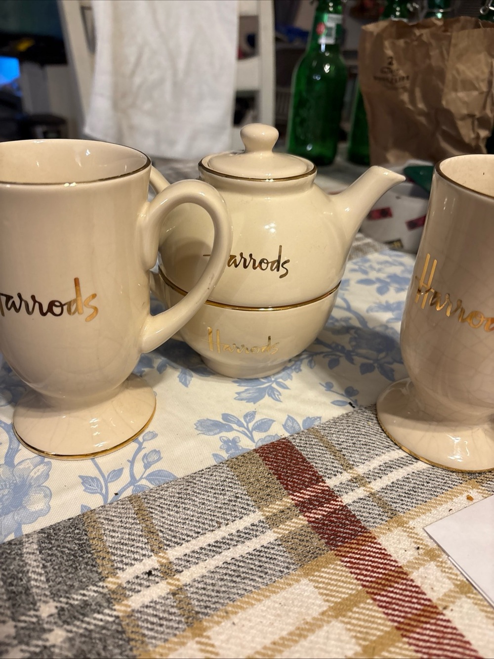 Harrods Cream Teapot and Footed Mugs with Gold Trim